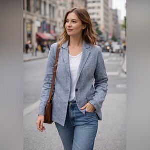 DREW  Anthropologie Classic Light Chambray single button Blazer linen blend